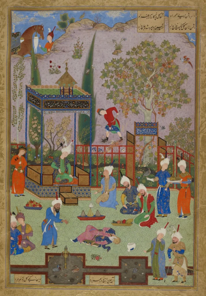 Persian manuscript painting of a royal garden gathering